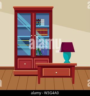 House wooden library and light lamp on drawer Stock Vector