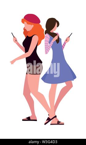 two women using smartphone talking vector illustration Stock Vector