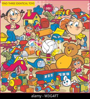 Vector illustration with a puzzle in that it is necessary to find three identical toys Stock Vector