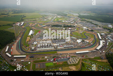 An aerial view of Silverstone Circuit on F1 race day 2019 from a helicopter above the Northamptonshire circuit. Stock Photo