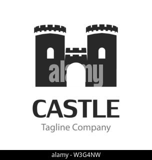 Vector image with black Silhouette of Medieval Castle isolated on white background. Stock Vector