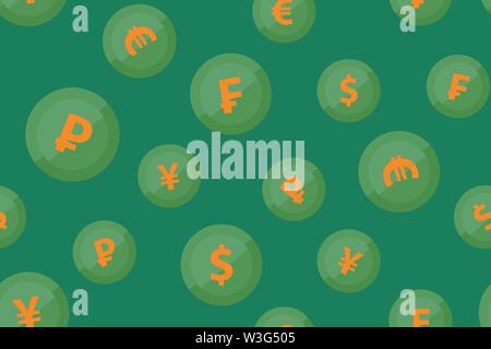 Currencies signs on green background. Vector Seamless pattern with round icons of popular money symbols. Stock Vector