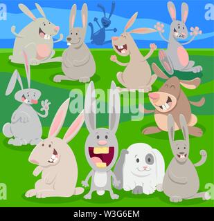 Cartoon Illustration of Happy Rabbits Farm Animal Characters Group on the Meadow Stock Vector