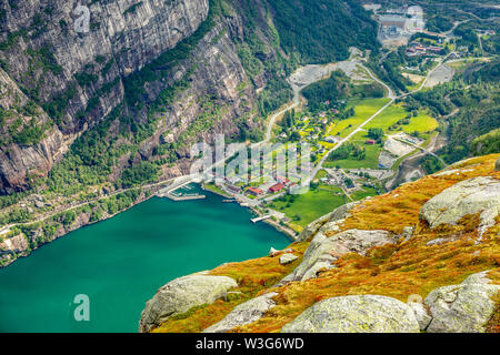 View from the Kjerag trail to Lyseboth norwegian village located at the end of Lysefjord, Forsand municipality, Rogaland county, Norway