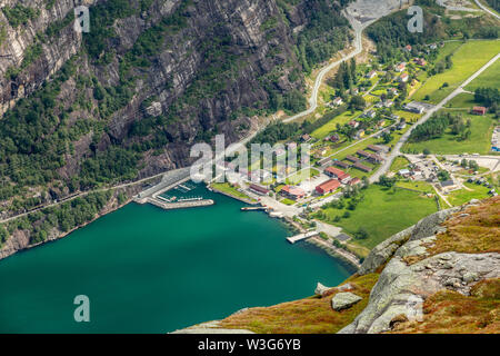 View from the Kjerag trail to Lyseboth small norwegian town located at the end of Lysefjord, Forsand municipality, Rogaland county, Norway Stock Photo