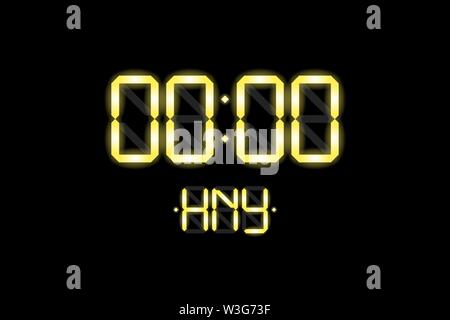 Happy New Year card with lcd electronic display clock numbers 0000 and HNY yellow gold glow gradient letters on black background. Merry Christmas invitation vector illustration Stock Vector