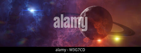 mysterious alien planet, exoplanet in a triple star system (3d science illustration banner)