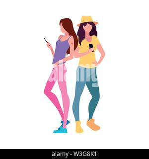 two women using smartphone talking vector illustration Stock Vector