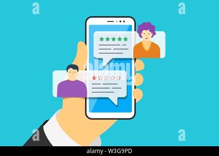 Hand holding smart phone with feedback app speech bubbles and male female avatars on screen. Review five stars rating with good and bad rate. Vector quality illustration concept Stock Vector