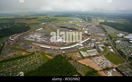 Silverstone Circuit aerial view on F1 race day 2019 from a helicopter above the Northamptonshire circuit. Stock Photo