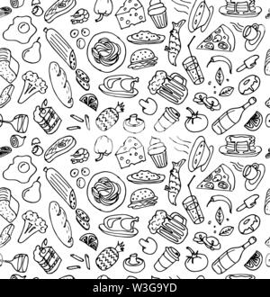 Various hand drawn food cookery doodle outline sketch seamless pattern on white background. Vector cooking illustration for restaurant or cafe Stock Vector