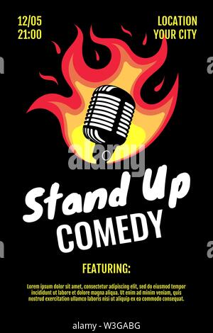 Stand up comedy night live show A3 A4 poster design template. Retro microphone with fire on black background. Hot jokes roast concept flyer. Vector open mic illustration Stock Vector