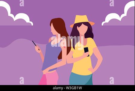 two women using smartphone talking vector illustration Stock Vector