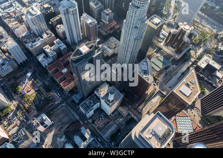 Late afternoon aerial of streets and buildings in downtown Los Angeles, California. Stock Photo