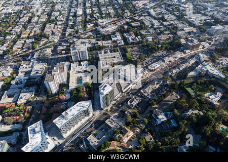 Aerial view of Sunset Blvd area streets and buildings in the West Hollywood area of Los Angeles County, California. Stock Photo