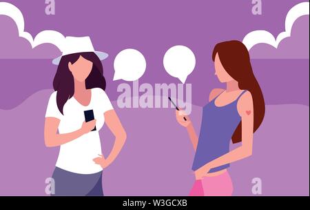 two women using smartphone talking vector illustration Stock Vector