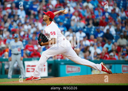 Philadelphia, Pennsylvania, USA. 15th July, 2019. Philadelphia Phillies starting pitcher Zach Eflin (56) throws a pitch during the MLB game between the Los Angeles Dodgers and Philadelphia Phillies at Citizens Bank Park in Philadelphia, Pennsylvania. Christopher Szagola/CSM/Alamy Live News Stock Photo