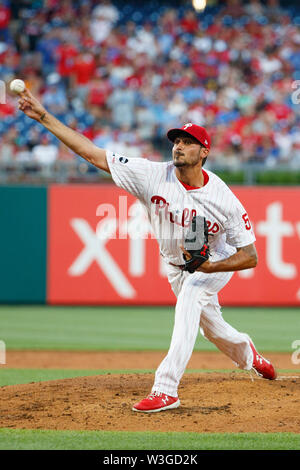 Philadelphia, Pennsylvania, USA. 15th July, 2019. Philadelphia Phillies starting pitcher Zach Eflin (56) throws a pitch during the MLB game between the Los Angeles Dodgers and Philadelphia Phillies at Citizens Bank Park in Philadelphia, Pennsylvania. Christopher Szagola/CSM/Alamy Live News Stock Photo