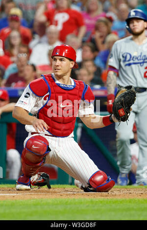 Philadelphia, Pennsylvania, USA. 15th July, 2019. Philadelphia Phillies catcher J.T. Realmuto (10) looks on during the MLB game between the Los Angeles Dodgers and Philadelphia Phillies at Citizens Bank Park in Philadelphia, Pennsylvania. Christopher Szagola/CSM/Alamy Live News Stock Photo
