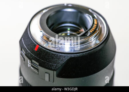 Rear view of Canon Camera lens with contact ring in close up macro view Stock Photo