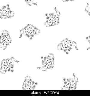 Seamless retro hand drawn teapots, great design for any purposes. Seamless pattern. Teapot hand drawn a pattern in Chinese style on white background. Stock Vector