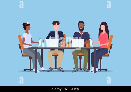 businesspeople working on laptops during training conference meeting mix race people team sitting at round table teamwork brainstorming concept flat Stock Vector