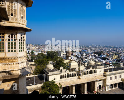 UDAIPUR, INDIA - CIRCA NOVEMBER 2018: Panoramic view of Udaipur from the City Palace. The city is the historic capital of the kingdom of Mewar. Surrou Stock Photo
