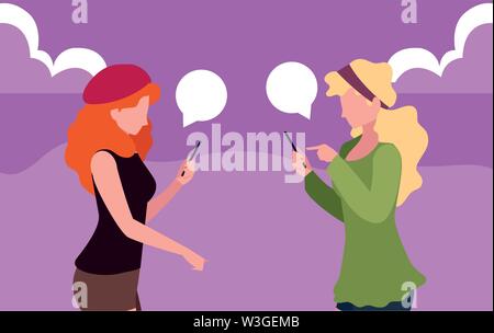 two women using smartphone talking vector illustration Stock Vector