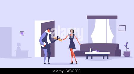 woman receiving wrapped gift box from man courier express delivery concept modern living room interior flat horizontal full length Stock Vector