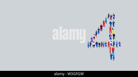 business people crowd gathering in number four 4 shape businesspeople group standing together social media community concept full length Stock Vector