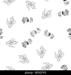 Seamless pattern of teapots and teacups isolated on white background. Chinese seamless pattern of teapots and teacups collection for textile design. V Stock Vector