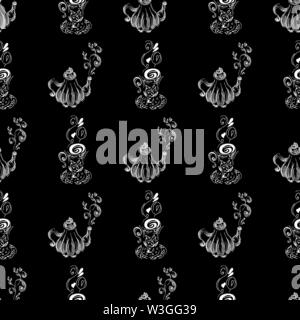 Seamless pattern of teapots and teacups isolated on black background. Chinese seamless pattern of teapots and teacups collection for textile design. V Stock Vector