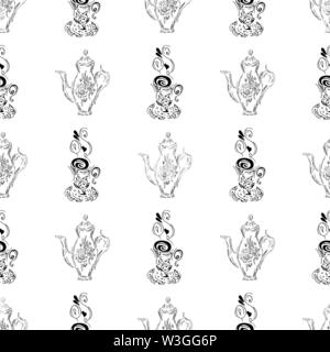 Seamless pattern of teapots and teacups isolated on white background. Chinese seamless pattern of teapots and teacups collection for textile design. V Stock Vector