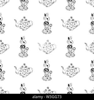 Seamless pattern of teapots and teacups isolated on white background. Chinese seamless pattern of teapots and teacups collection for textile design. V Stock Vector