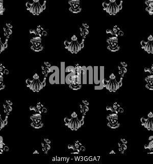 Seamless pattern of teapots and teacups isolated on black background. Chinese seamless pattern of teapots and teacups collection for textile design. V Stock Vector