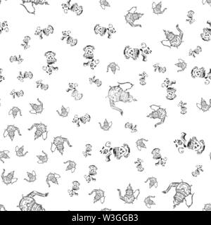 Seamless pattern of teapots and teacups isolated on white background. Chinese seamless pattern of teapots and teacups collection for textile design. V Stock Vector