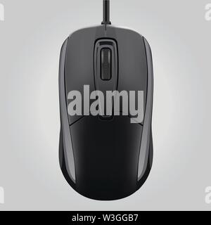 Computer black mouse with wheel isolated on gray background, vector illustration Stock Vector