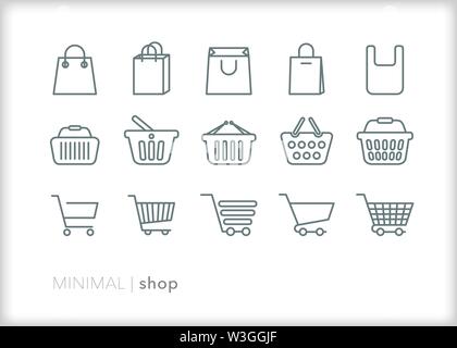 Set of 15 shop line icons carts, bags, and baskets for grocery shopping or checkout Stock Vector