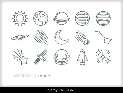 Set of 15 space exploration line icons of planets, spaceship, stars and constellations Stock Vector