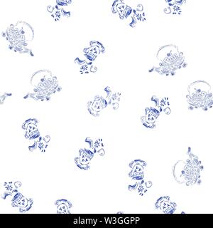 Seamless pattern of teapots and teacups isolated on white background. Chinese seamless pattern of teapots and teacups collection for textile design. V Stock Vector