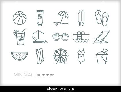 Set of 15 summer line icons for the beach or vacation Stock Vector
