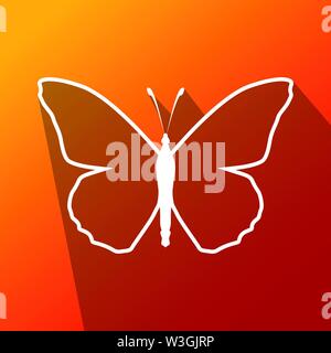 simple white outline butterfly icon with long shadow effect in red colorfull background illustration Stock Vector