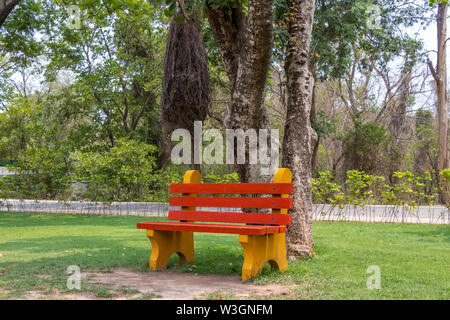Wooden painted red and yellow bench in garden park under the tree shade. Stock Photo