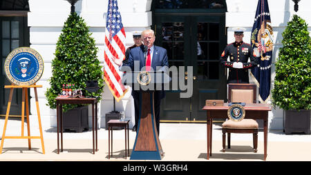 Washington, United States. 15th July, 2019. President Donald Trump speak at the 3rd Annual Made in America Product Showcase near the South Lawn of the White House in Washington, DC. Credit: SOPA Images Limited/Alamy Live News