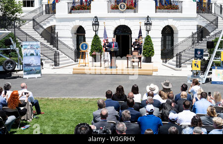 Washington, United States. 15th July, 2019. President Donald Trump speak at the 3rd Annual Made in America Product Showcase near the South Lawn of the White House in Washington, DC. Credit: SOPA Images Limited/Alamy Live News Stock Photo