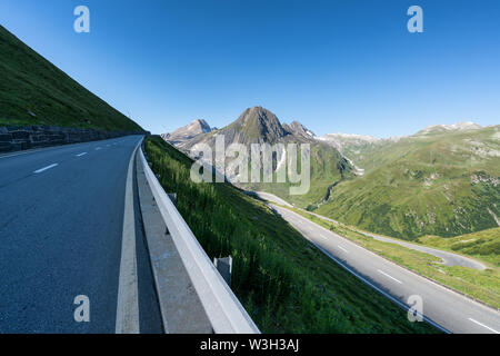 Road up to the summit of Nufenen Pass from Ulrichen village, Switzerland, Alps Stock Photo