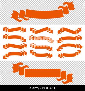Set of red isolated banner ribbons on white and transparent background. Simple flat vector illustration. With space for text. Suitable for infographic Stock Vector