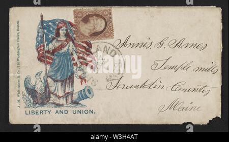 Civil War envelope showing Columbia with American flag, laurel wreath, eagle, and cannon with message ‘Liberty and Union‘ Stock Photo