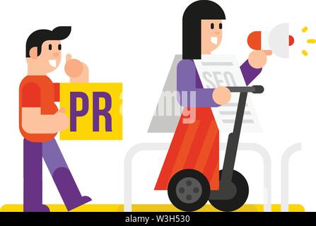Advertising agent painted in cartoon style. Isolated object on white background. Developers and their product in the phone. The application for the ph Stock Vector