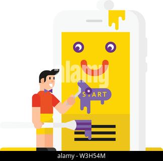 Designer painted in cartoon style. Isolated object on white background. Developers and their product in the phone. The application for the phone. Flat Stock Vector